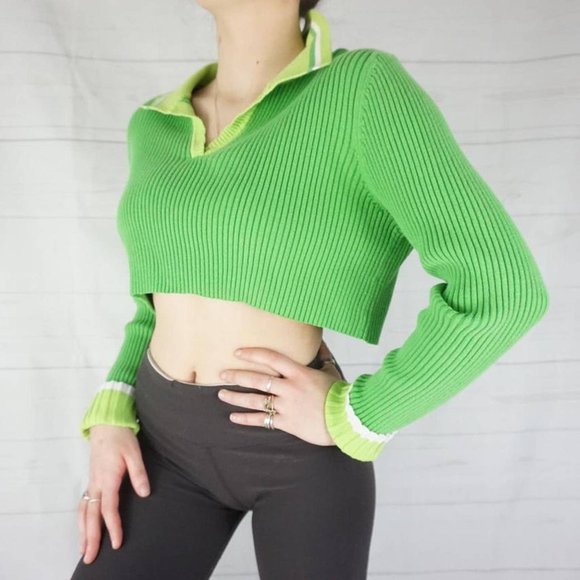 🍓90s CROPPED GREEN APPLE RIBBED COLLAR POLO SWEATER🍓 - Picture 4 of 4